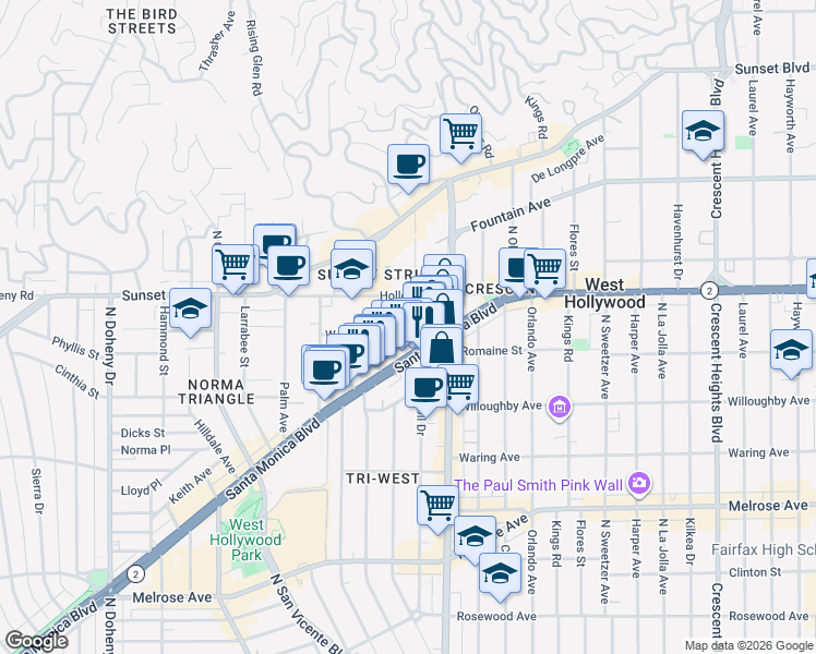 map of restaurants, bars, coffee shops, grocery stores, and more near West Knoll Drive in West Hollywood