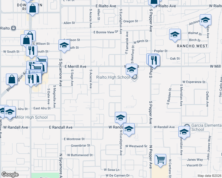 map of restaurants, bars, coffee shops, grocery stores, and more near 3138 West Jefferson Avenue in Rialto