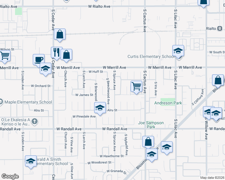 map of restaurants, bars, coffee shops, grocery stores, and more near 675 South Beechwood Avenue in Rialto