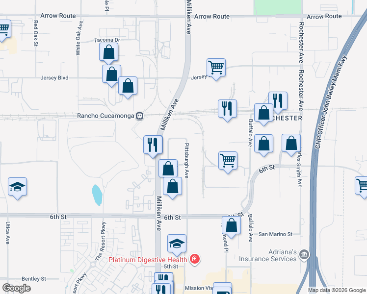 map of restaurants, bars, coffee shops, grocery stores, and more near 11380 7th Street in Rancho Cucamonga