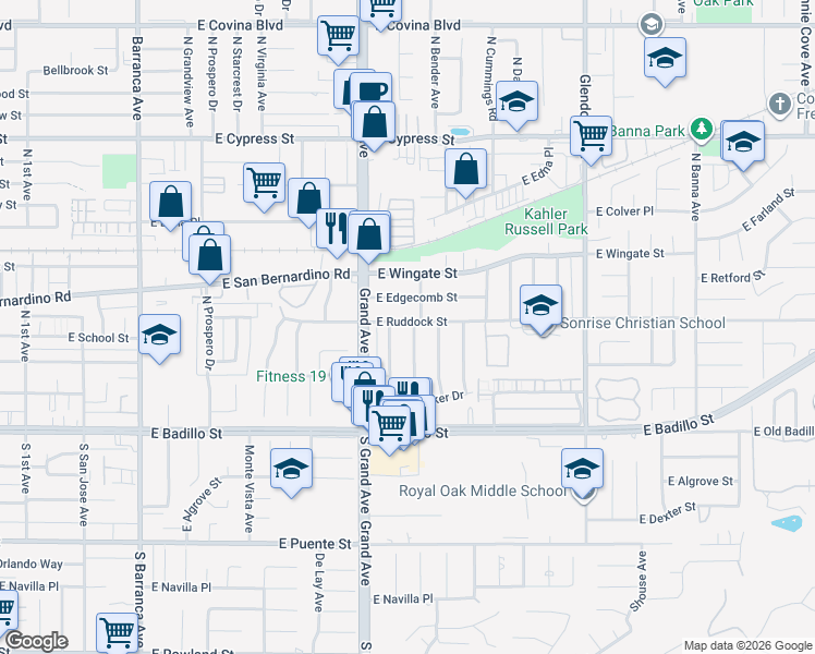 map of restaurants, bars, coffee shops, grocery stores, and more near 324 Shadyglen Drive in Covina
