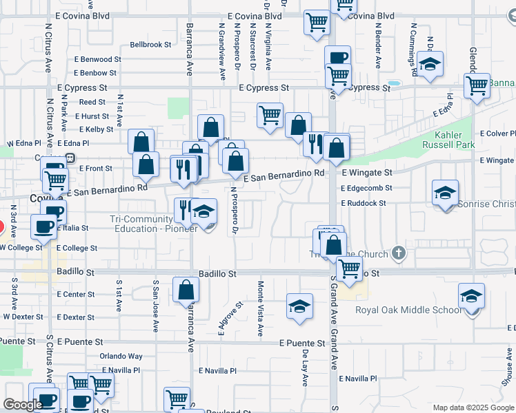 map of restaurants, bars, coffee shops, grocery stores, and more near 331 North Vecino Drive in Covina