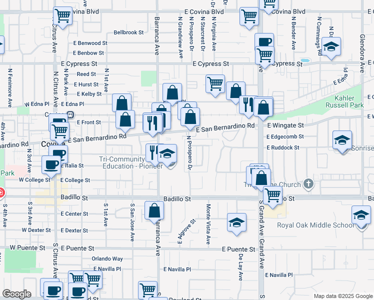 map of restaurants, bars, coffee shops, grocery stores, and more near 335 North Prospero Drive in Covina