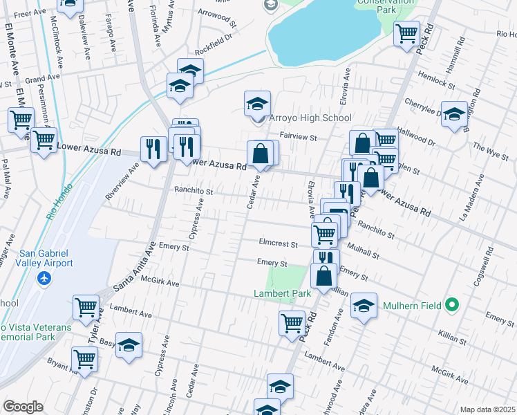 map of restaurants, bars, coffee shops, grocery stores, and more near 11307 Mulhall Street in El Monte