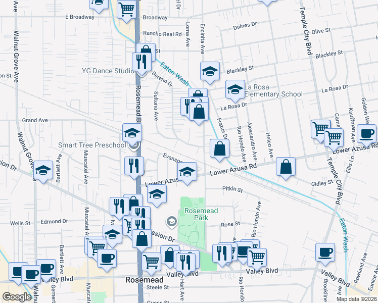 map of restaurants, bars, coffee shops, grocery stores, and more near 9113 Evansport Drive in Rosemead