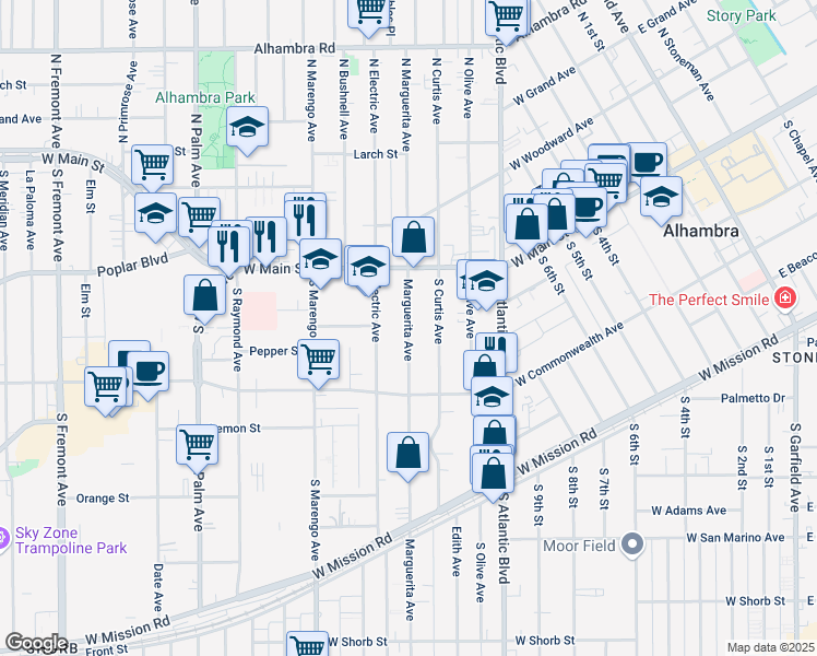 map of restaurants, bars, coffee shops, grocery stores, and more near 203 Marguerita Avenue in Alhambra