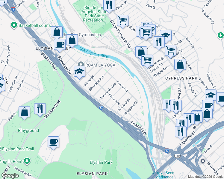 map of restaurants, bars, coffee shops, grocery stores, and more near 2312 Harwood Street in Los Angeles