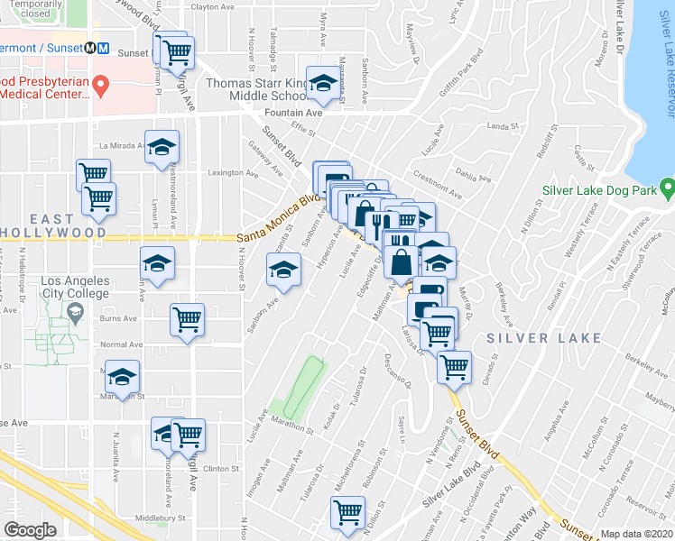 map of restaurants, bars, coffee shops, grocery stores, and more near 1382 Lucile Avenue in Los Angeles