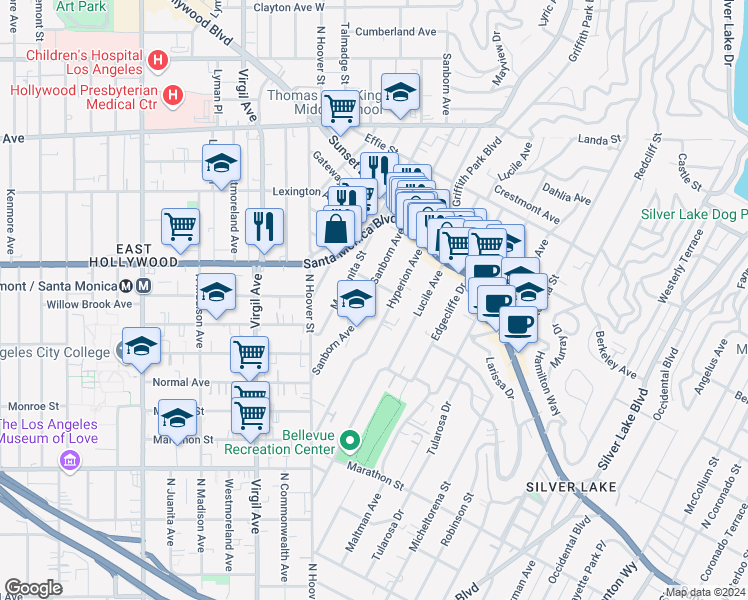 map of restaurants, bars, coffee shops, grocery stores, and more near 940 Venango Avenue in Los Angeles