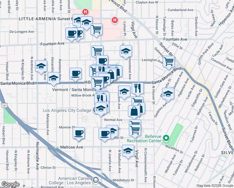 map of restaurants, bars, coffee shops, grocery stores, and more near 4421 Lockwood Avenue in Los Angeles