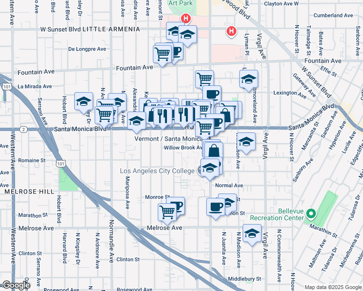 map of restaurants, bars, coffee shops, grocery stores, and more near Willow Brook Avenue in Los Angeles