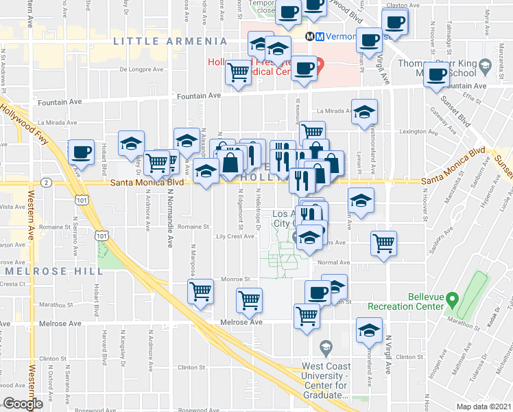 map of restaurants, bars, coffee shops, grocery stores, and more near Willow Brook Avenue in Los Angeles