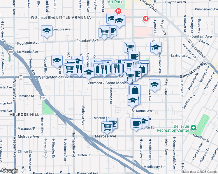 map of restaurants, bars, coffee shops, grocery stores, and more near 930 North Edgemont Street in Los Angeles