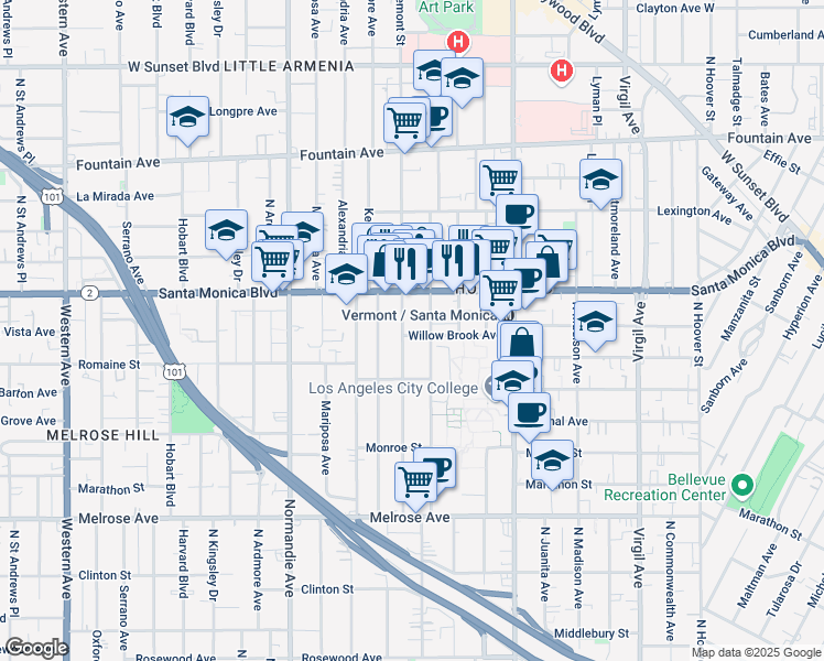 map of restaurants, bars, coffee shops, grocery stores, and more near 930 North Edgemont Street in Los Angeles