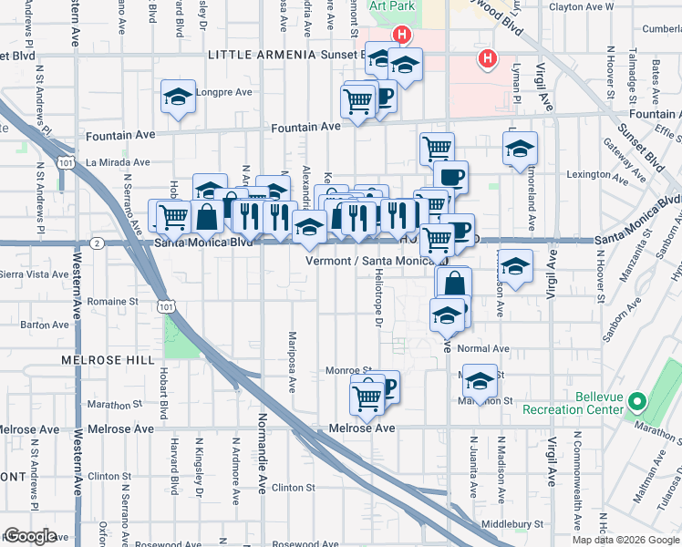 map of restaurants, bars, coffee shops, grocery stores, and more near 1010 North Alexandria Avenue in Los Angeles