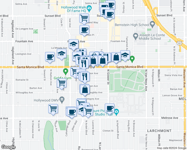 map of restaurants, bars, coffee shops, grocery stores, and more near 6101 Romaine Street in Los Angeles