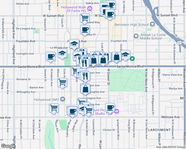 map of restaurants, bars, coffee shops, grocery stores, and more near 6101 Romaine Street in Los Angeles