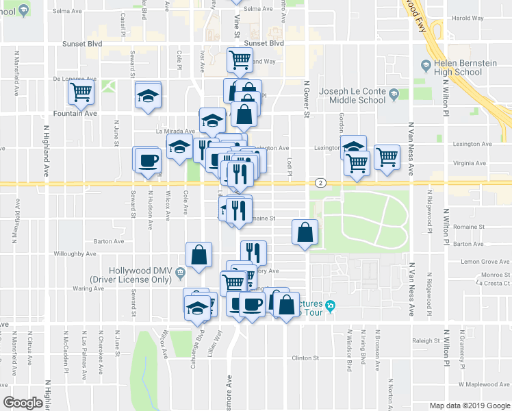 map of restaurants, bars, coffee shops, grocery stores, and more near 6143 Romaine Street in Los Angeles