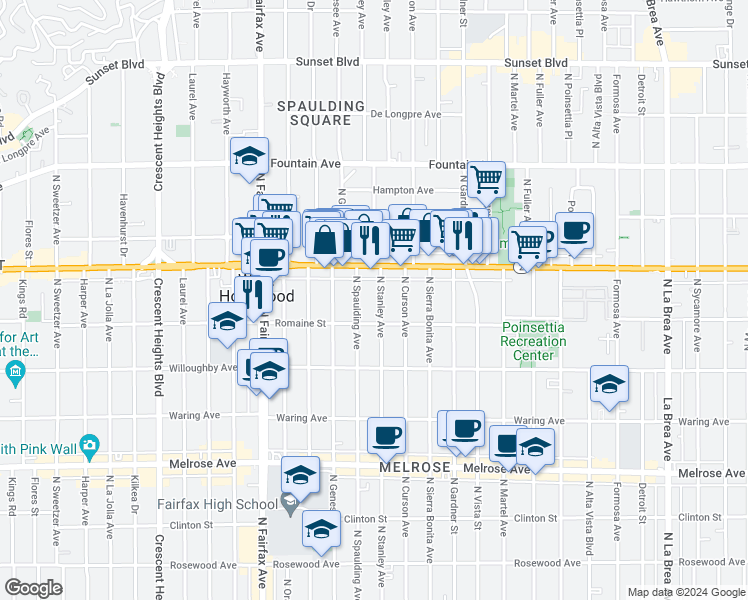 map of restaurants, bars, coffee shops, grocery stores, and more near 1008 North Stanley Avenue in West Hollywood