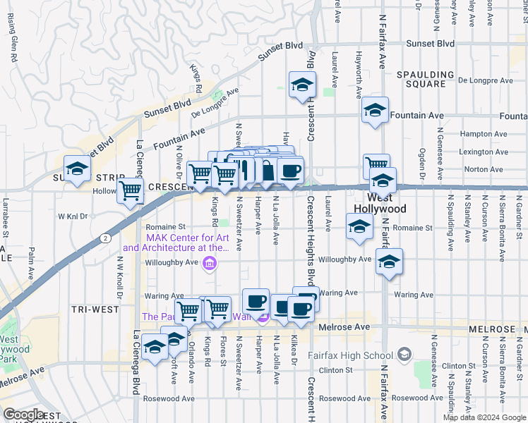 map of restaurants, bars, coffee shops, grocery stores, and more near 1005 North Harper Avenue in West Hollywood