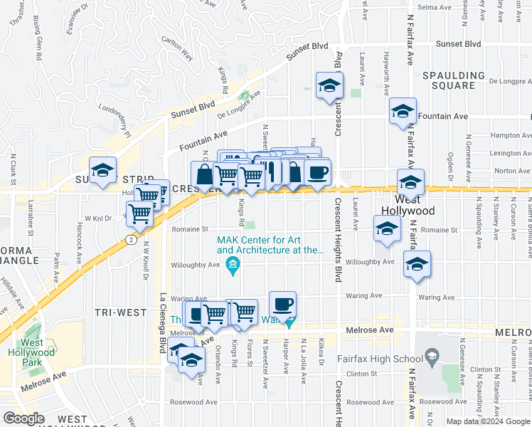 map of restaurants, bars, coffee shops, grocery stores, and more near 1005 North Sweetzer Avenue in West Hollywood