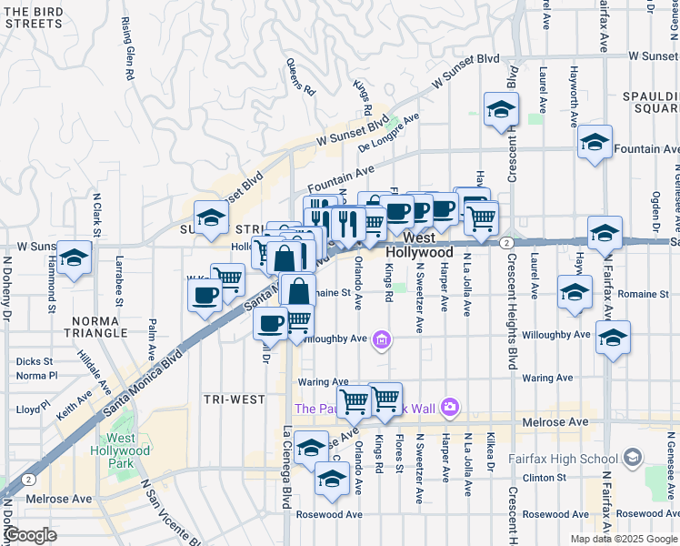 map of restaurants, bars, coffee shops, grocery stores, and more near 1000 North Croft Avenue in Los Angeles