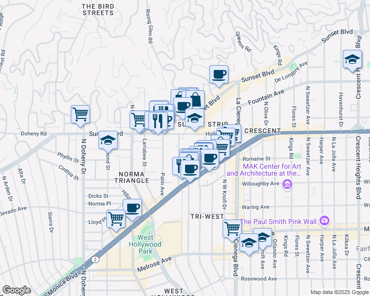 map of restaurants, bars, coffee shops, grocery stores, and more near 980 Hancock Avenue in West Hollywood