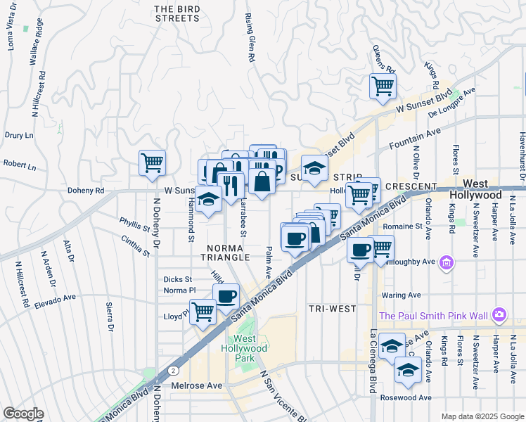 map of restaurants, bars, coffee shops, grocery stores, and more near in West Hollywood