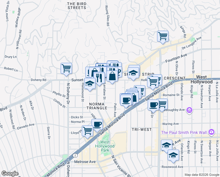 map of restaurants, bars, coffee shops, grocery stores, and more near in West Hollywood