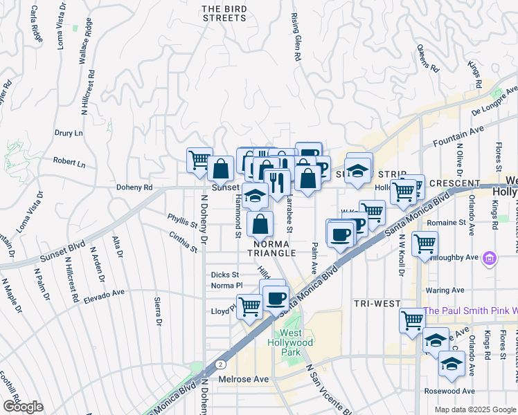 map of restaurants, bars, coffee shops, grocery stores, and more near 955 North San Vicente Boulevard in West Hollywood