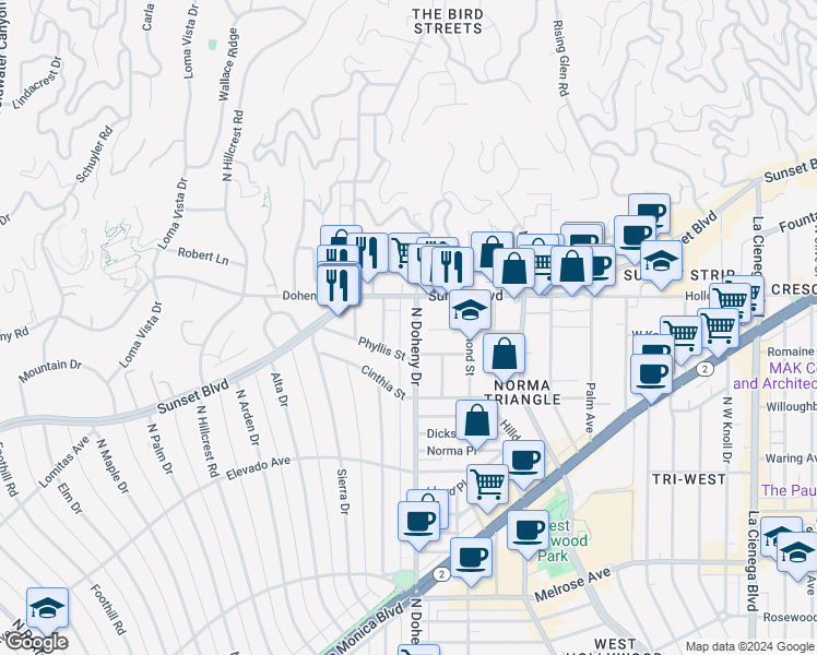 map of restaurants, bars, coffee shops, grocery stores, and more near in West Hollywood
