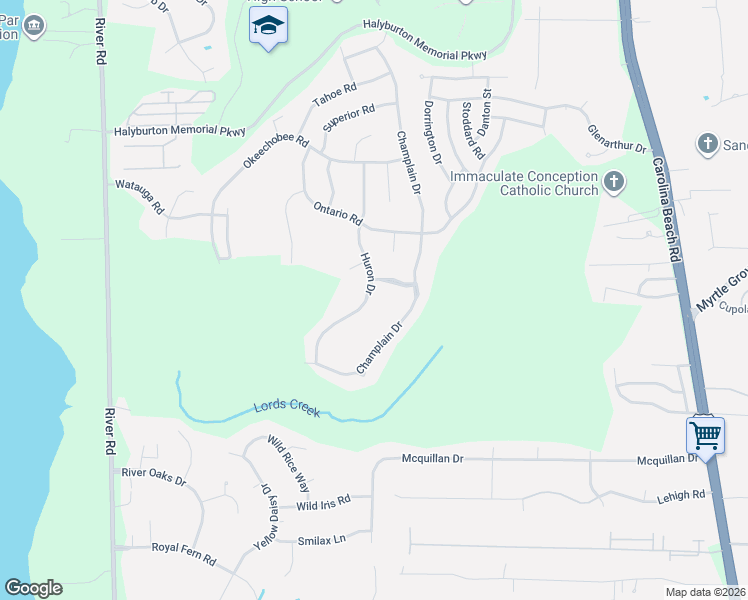 map of restaurants, bars, coffee shops, grocery stores, and more near 7921 Huron Drive in Wilmington