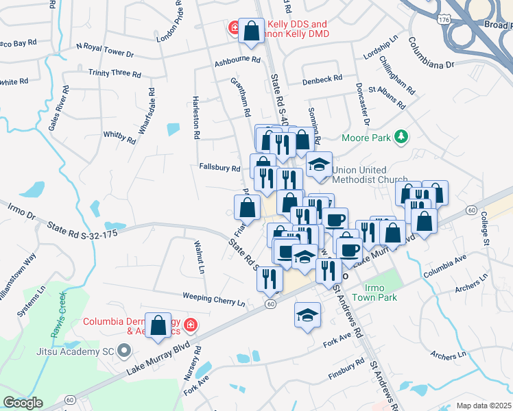 map of restaurants, bars, coffee shops, grocery stores, and more near 10 Thames Valley in Irmo