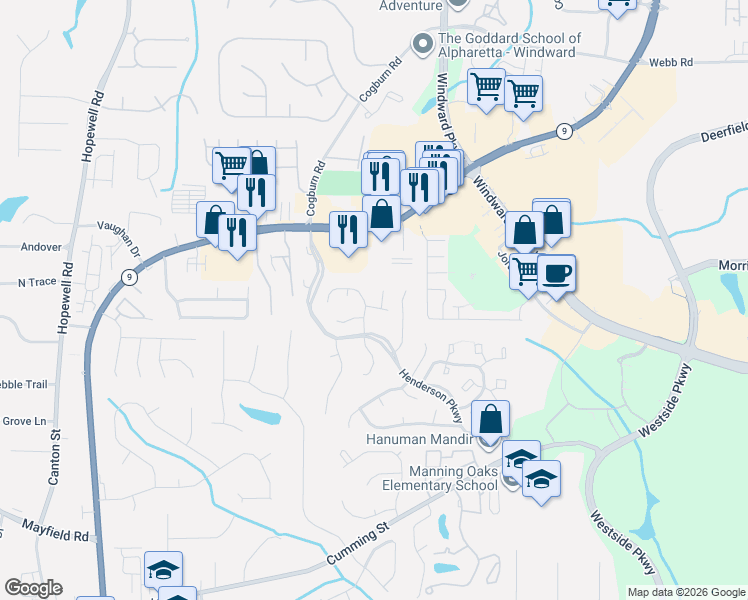 map of restaurants, bars, coffee shops, grocery stores, and more near 5020 North Somerset Lane in Alpharetta