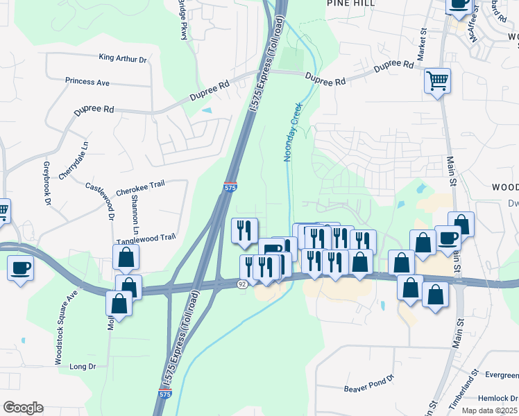 map of restaurants, bars, coffee shops, grocery stores, and more near 335 Parkway 575 in Woodstock