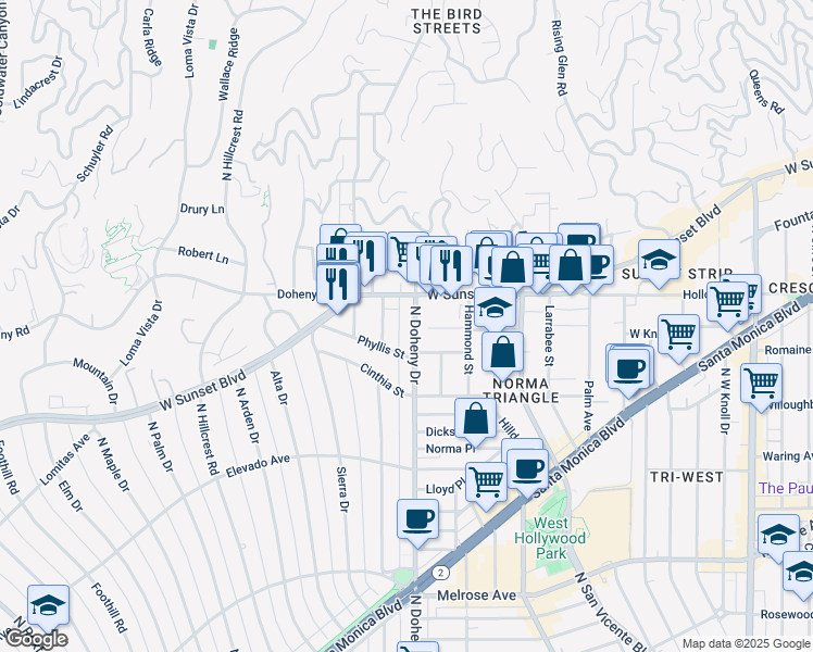 map of restaurants, bars, coffee shops, grocery stores, and more near 999 North Doheny Drive in West Hollywood
