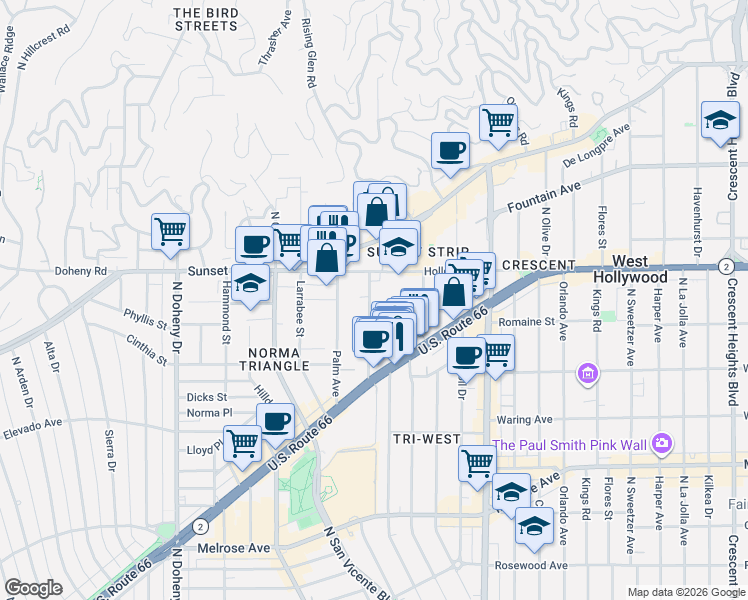 map of restaurants, bars, coffee shops, grocery stores, and more near 1006 Hancock Avenue in West Hollywood