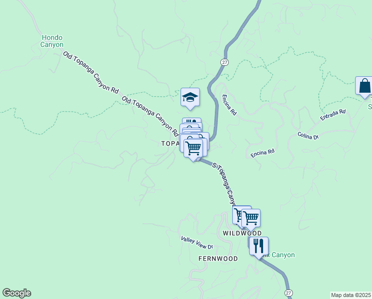 map of restaurants, bars, coffee shops, grocery stores, and more near 2 Old Topanga Canyon Road in Topanga