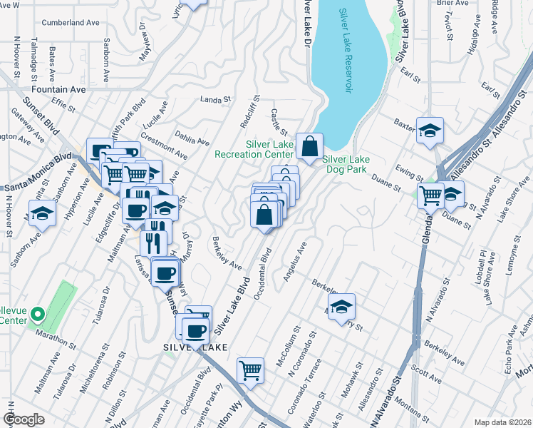 map of restaurants, bars, coffee shops, grocery stores, and more near 2961 Effie Street in Los Angeles