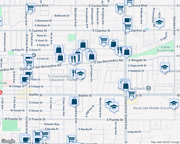 map of restaurants, bars, coffee shops, grocery stores, and more near 335 North Prospero Drive in Covina