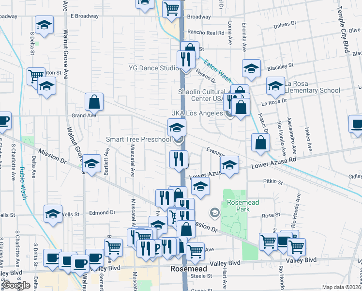 map of restaurants, bars, coffee shops, grocery stores, and more near 4619 Rosemead Boulevard in Rosemead
