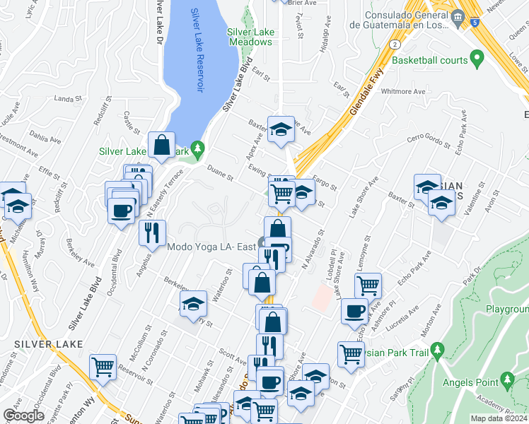 map of restaurants, bars, coffee shops, grocery stores, and more near 2223 Clifford Street in Los Angeles