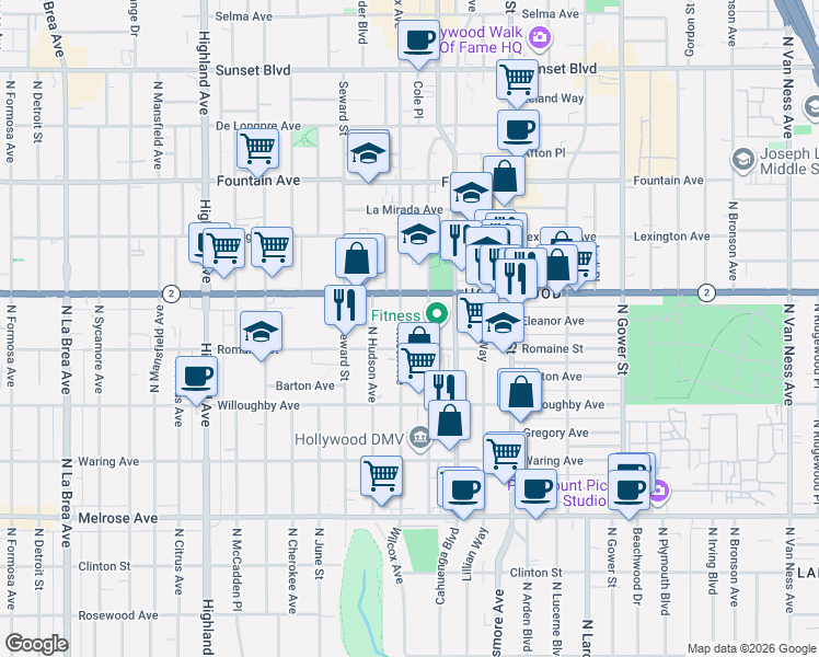 map of restaurants, bars, coffee shops, grocery stores, and more near 6415 Romaine Street in Los Angeles
