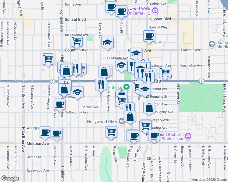 map of restaurants, bars, coffee shops, grocery stores, and more near in West Hollywood