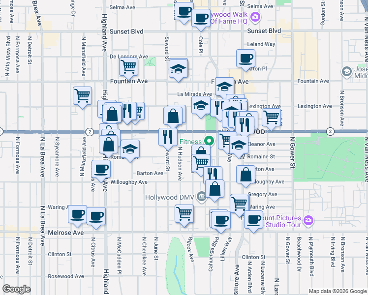 map of restaurants, bars, coffee shops, grocery stores, and more near in West Hollywood