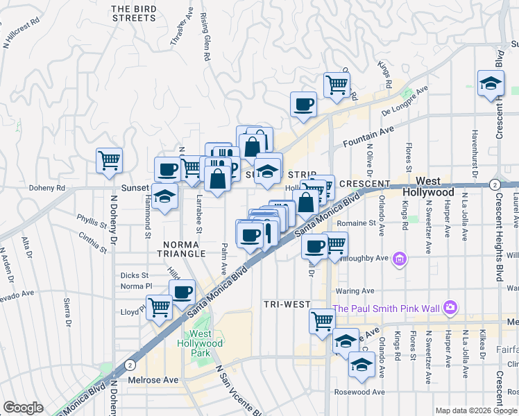 map of restaurants, bars, coffee shops, grocery stores, and more near 980 Hancock Avenue in West Hollywood