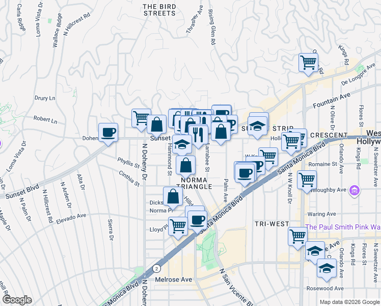 map of restaurants, bars, coffee shops, grocery stores, and more near 955 North San Vicente Boulevard in West Hollywood