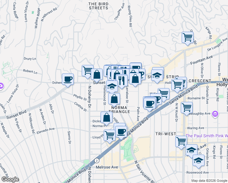 map of restaurants, bars, coffee shops, grocery stores, and more near 955 North San Vicente Boulevard in West Hollywood