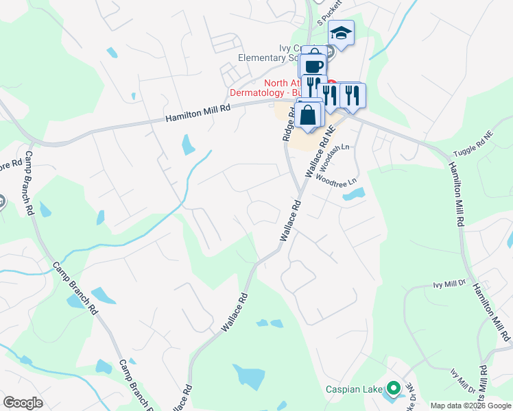 map of restaurants, bars, coffee shops, grocery stores, and more near 3448 Sag Harbor Court Northeast in Buford