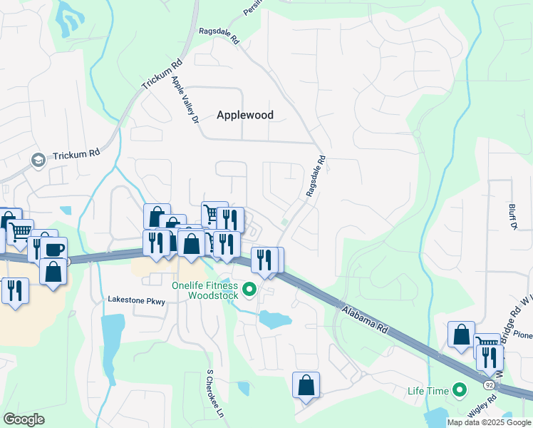 map of restaurants, bars, coffee shops, grocery stores, and more near 233 Village Square Drive in Woodstock